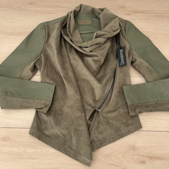 NWT BlankNYC Faux Suede Leather Moto Jacket Mixed Media Draped Olive Green Med. - Picture 6 of 15